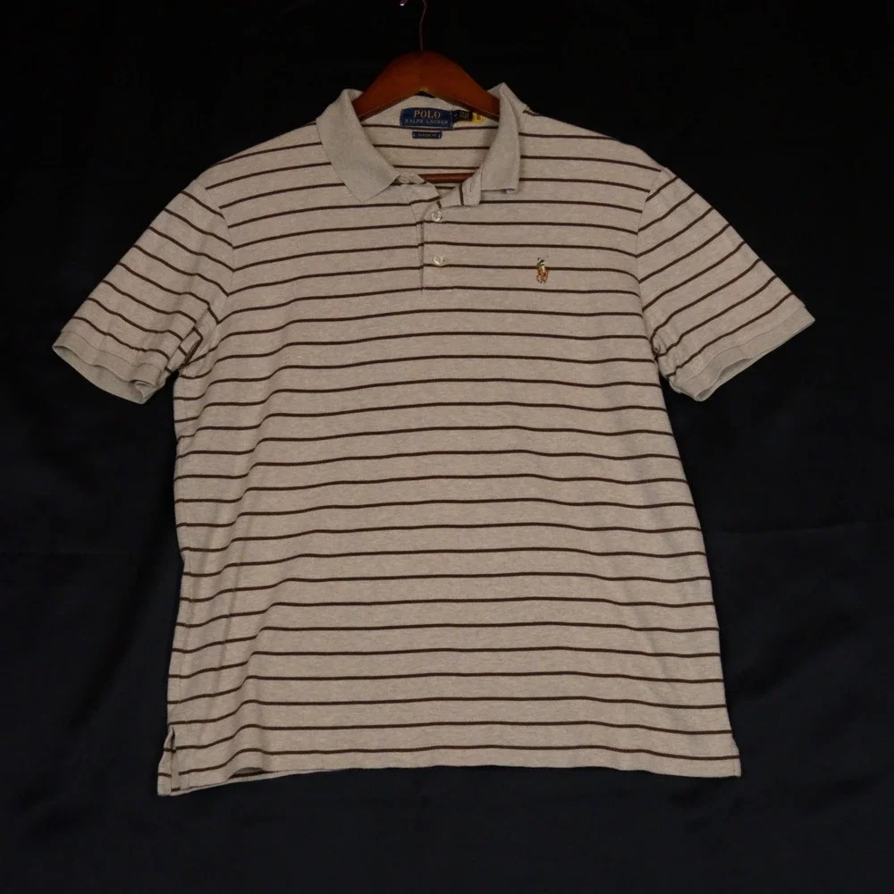 Polo Ralph Lauren Polo Shirt Mens M Beige Brown Striped Classic Fit Cotton